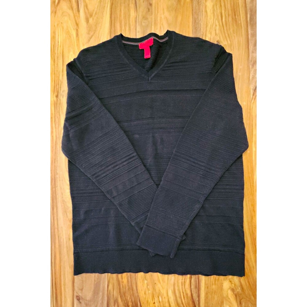 ​Alfani Slim Fit V-Neck Sweater Ivy League Large Black Ribbed Knit Cotton Blend